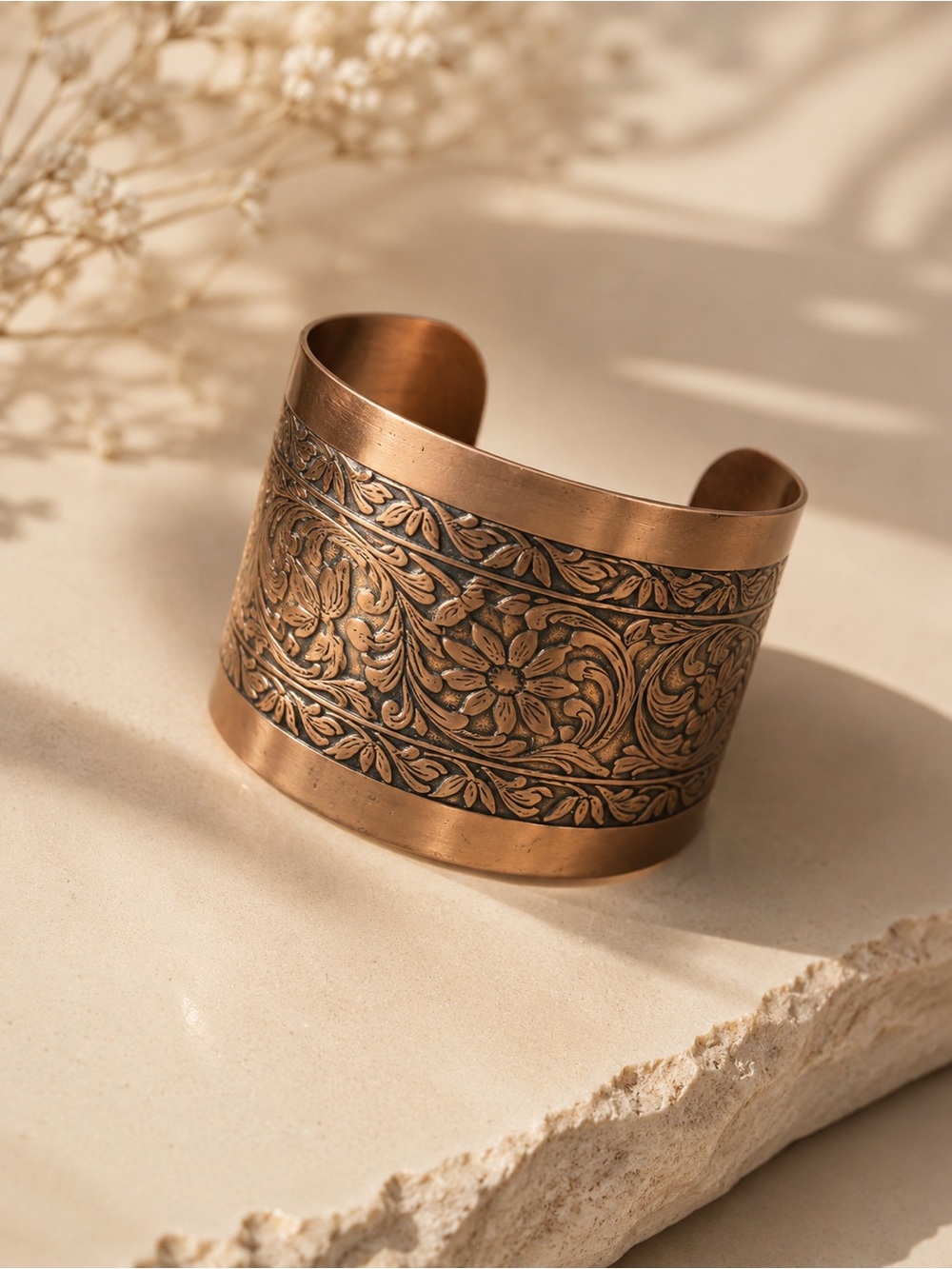 Wide Solid 100% Copper Engraved Floral Cuff Bracelet | Vintage Boho Artisan - Picture 3 of 9